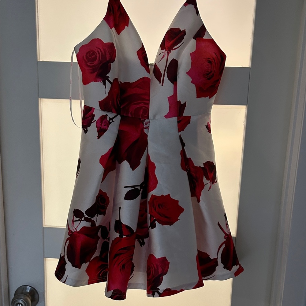 a'gaci White Mini Dress with Red Rose Print